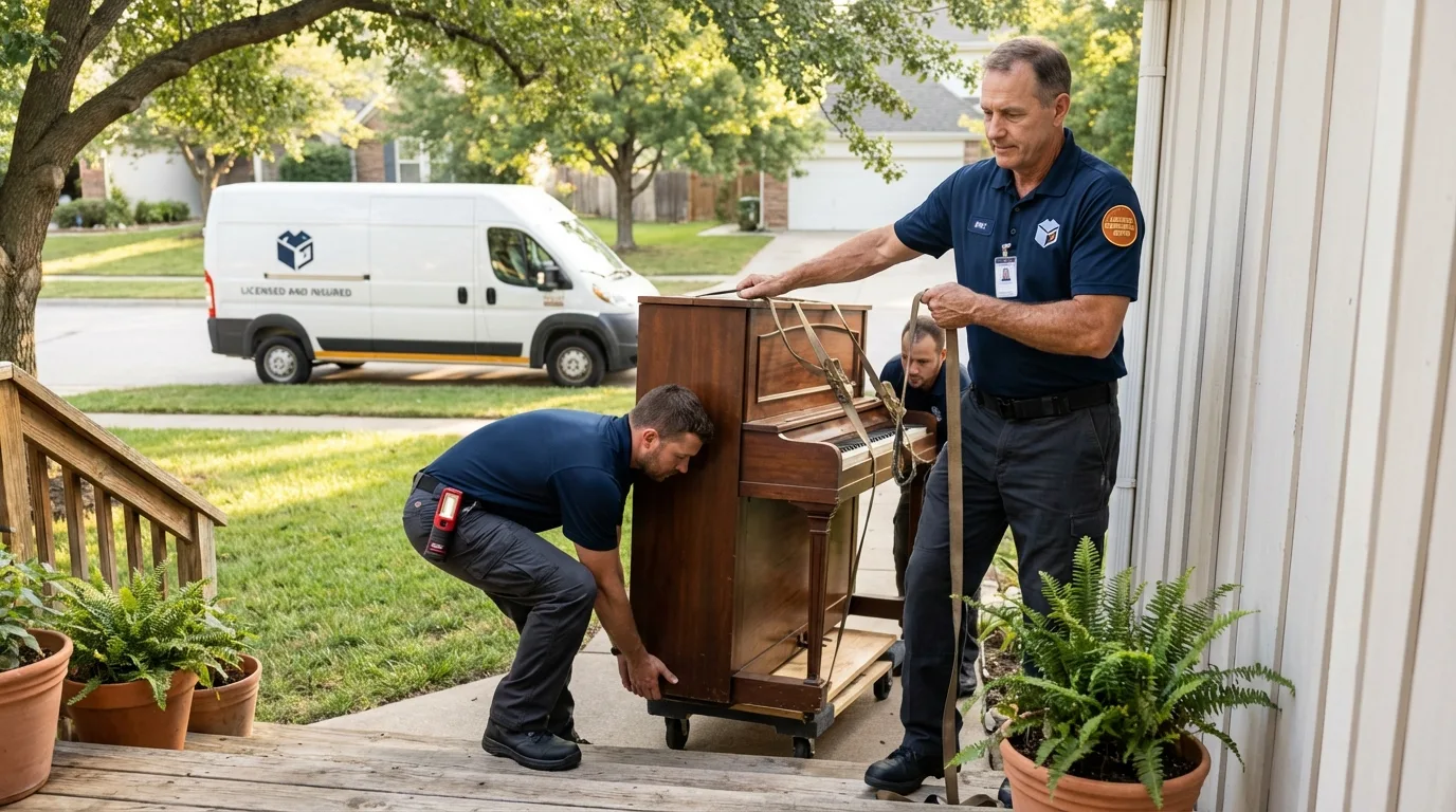 Licensed piano movers securing grand piano in Lone Tree, CO