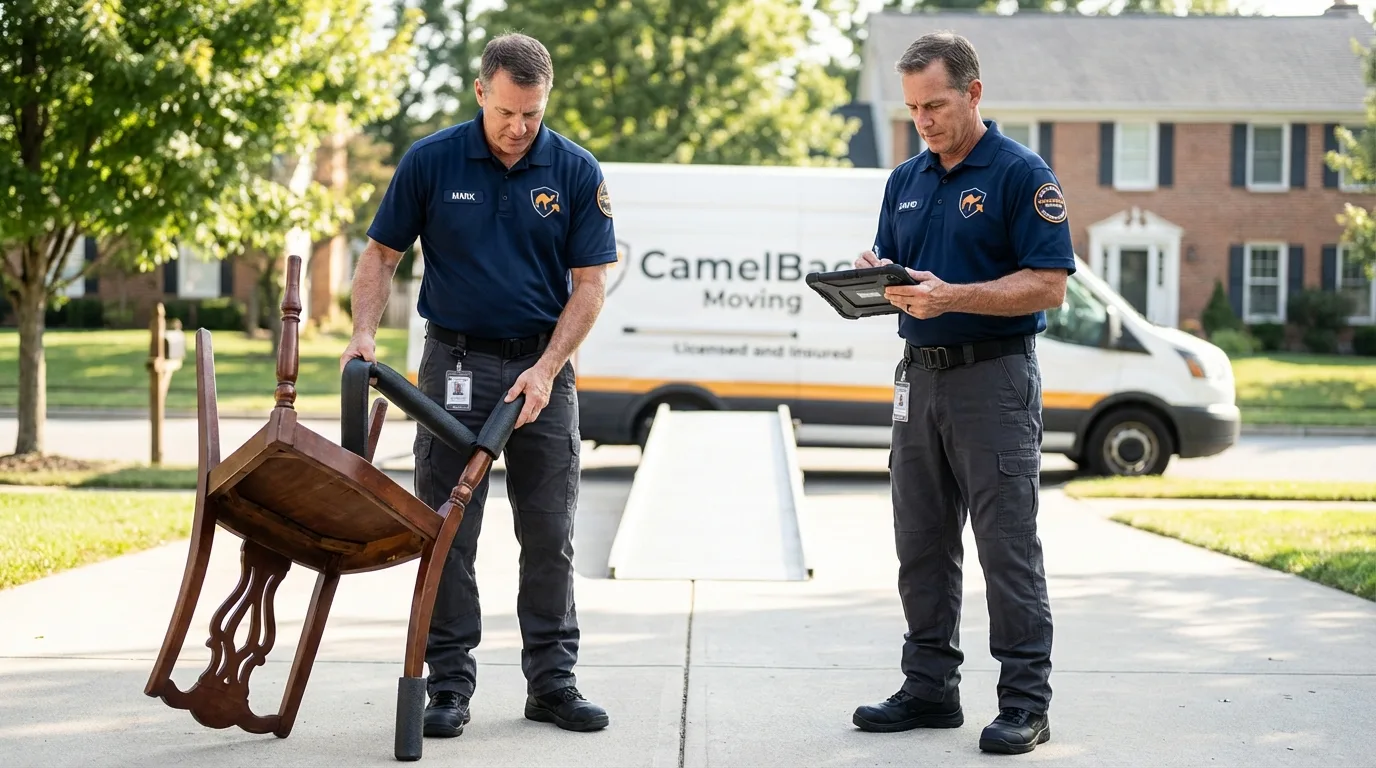 Movers inspecting furniture for damage prevention before loading in Lone Tree, CO