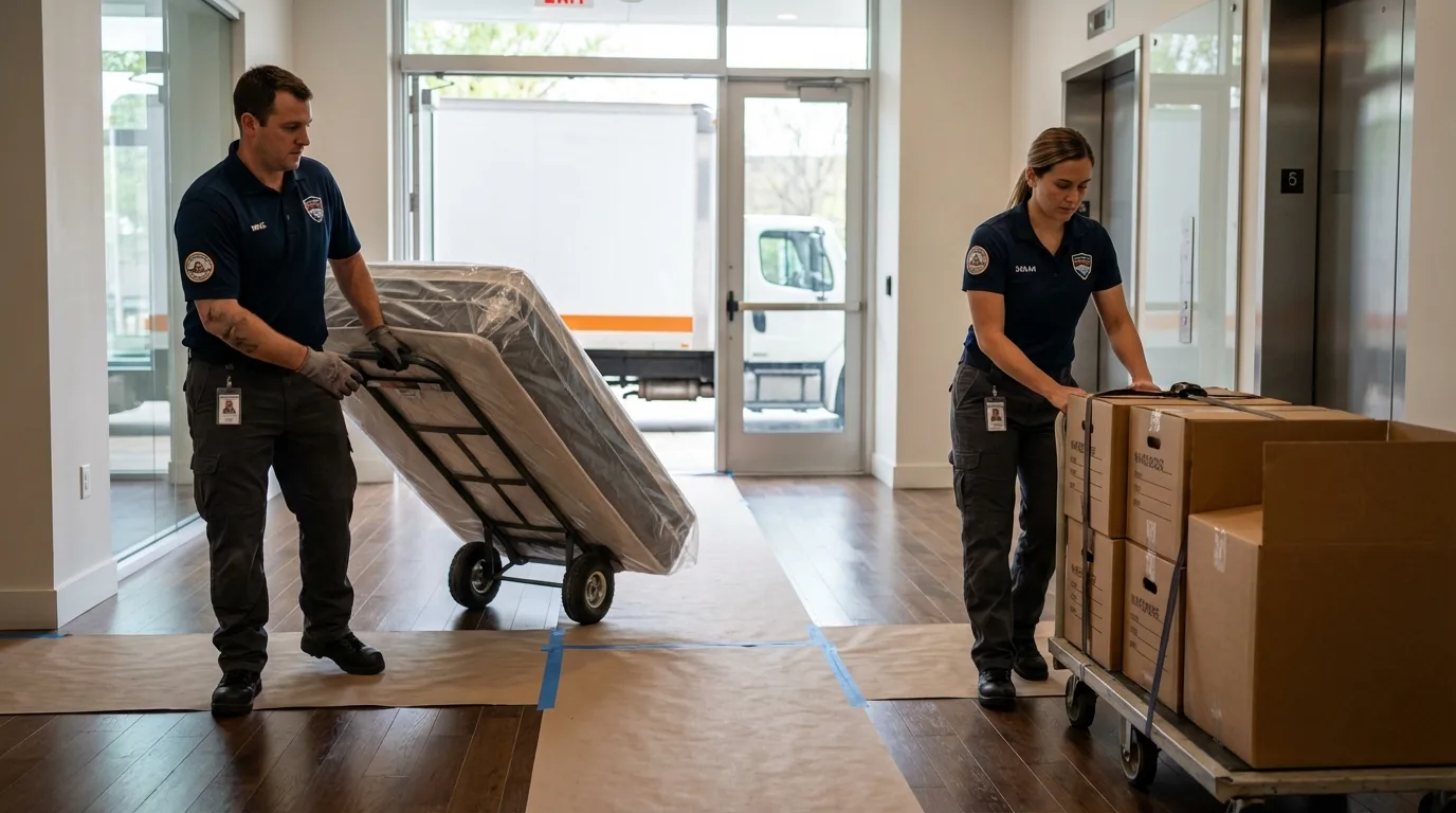 Professional apartment movers loading elevator in Lone Tree, CO